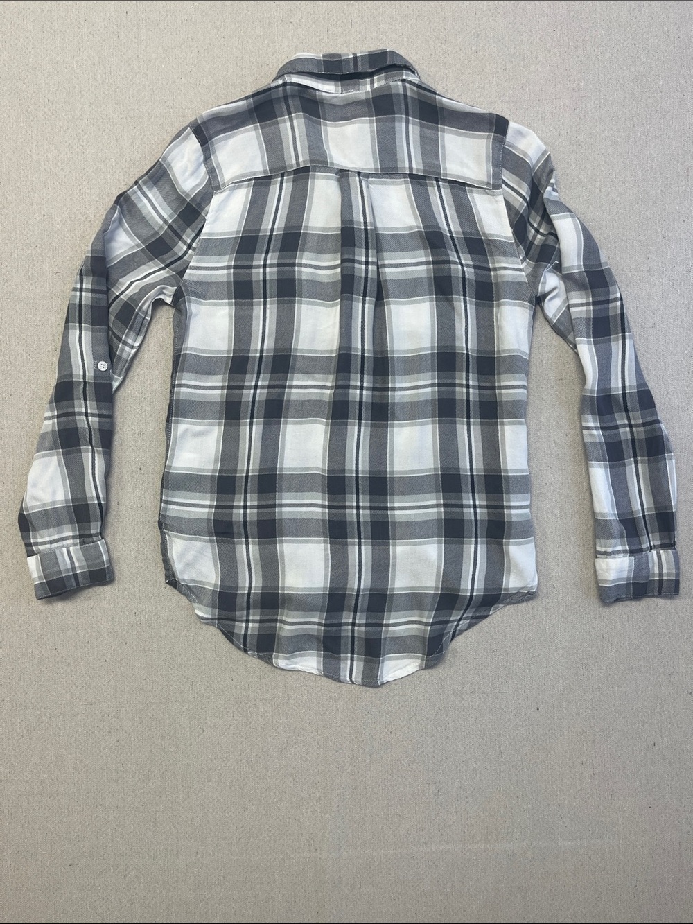 ALYA Womens Small Plaid Button Down Shirt Gray White Rayon Roll Tab Sleeve - Picture 11 of 15